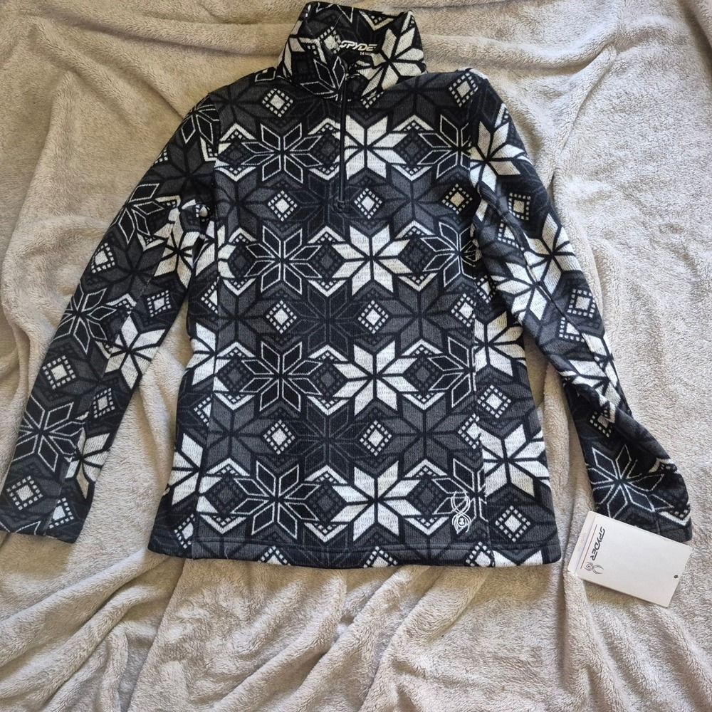Spyder Womens 14 Fleece Quarter Zip Pullover Snowflake Fair Isle Gray Black NEW